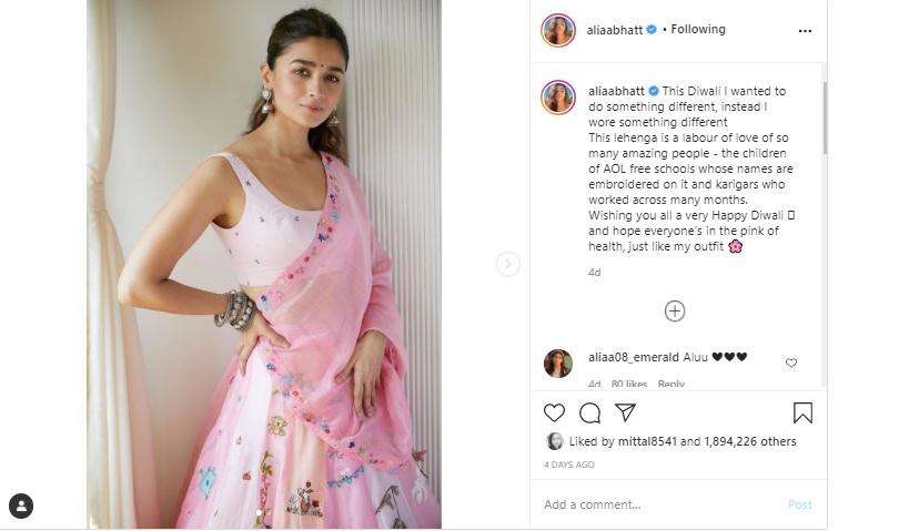 Alia Bhatt’s Custom Made Pink Lehenga has a Special Message on Sustainability