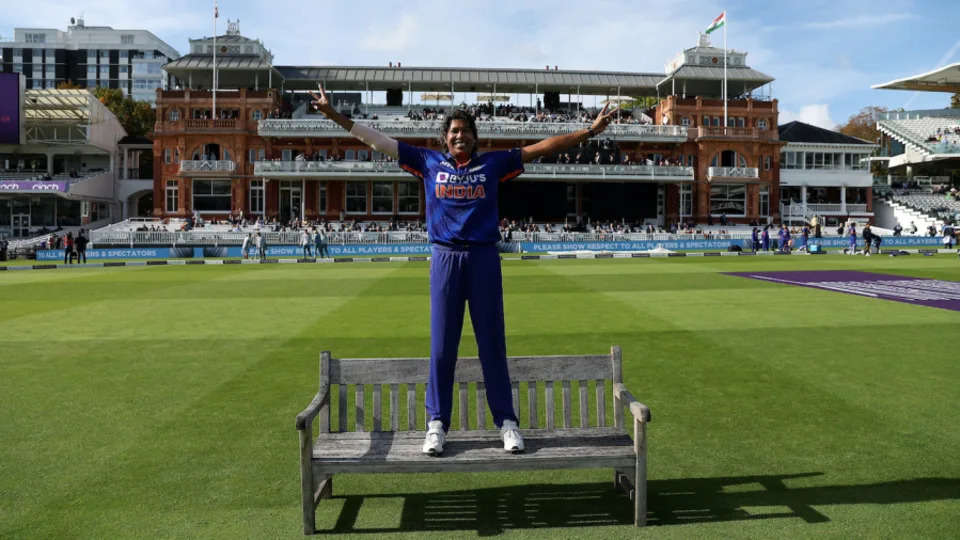 Jhulan Goswami strikes a pose before the start of the game at Lord's