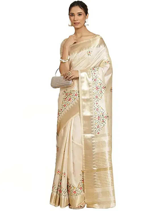 Riva Enterprise Women's Assam cotton Silk With golden border And multicolor thread embroidered Saree