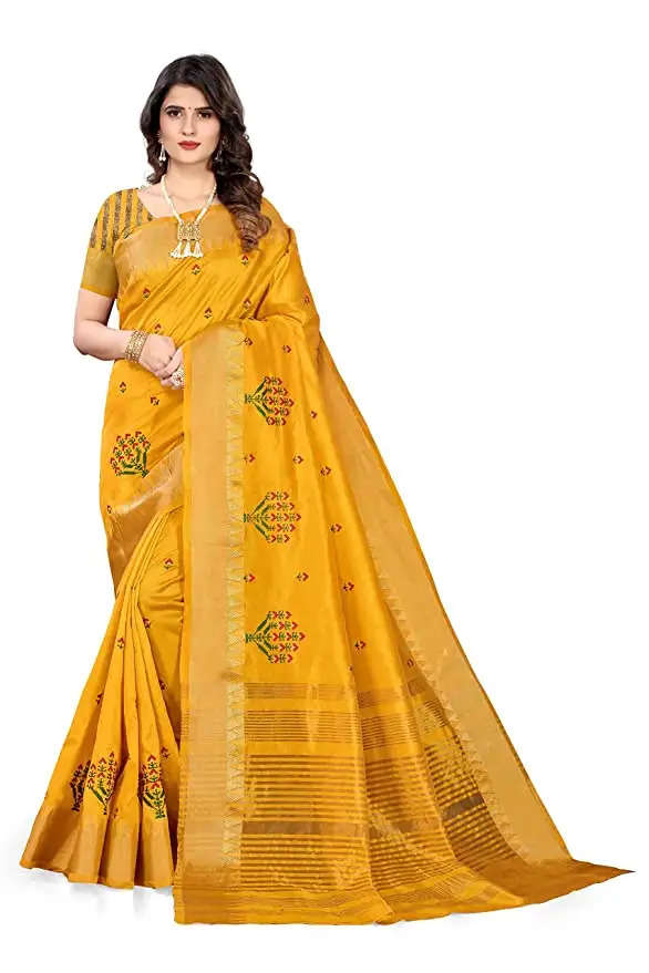 SERONA FABRICS Women's Assam Cotton Silk With Golden Border Thread Embroidered Saree With Blouse Piece