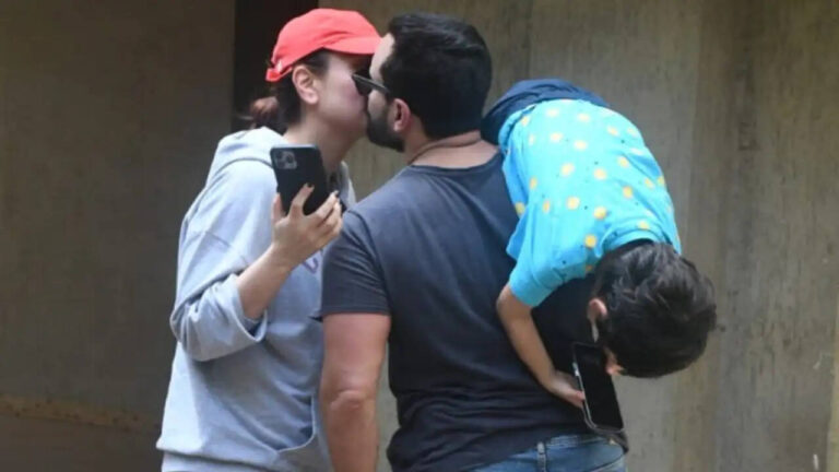 Kareena Kapoor and Saif Ali Khan Share a Cute Kiss while Taimur Hangs on Daddy’s Shoulder