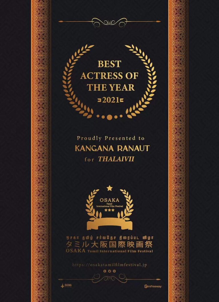 Kangana Ranaut Receives Best Actress Award for 'Thalaivii' at Osaka Tamil International Film Festival
